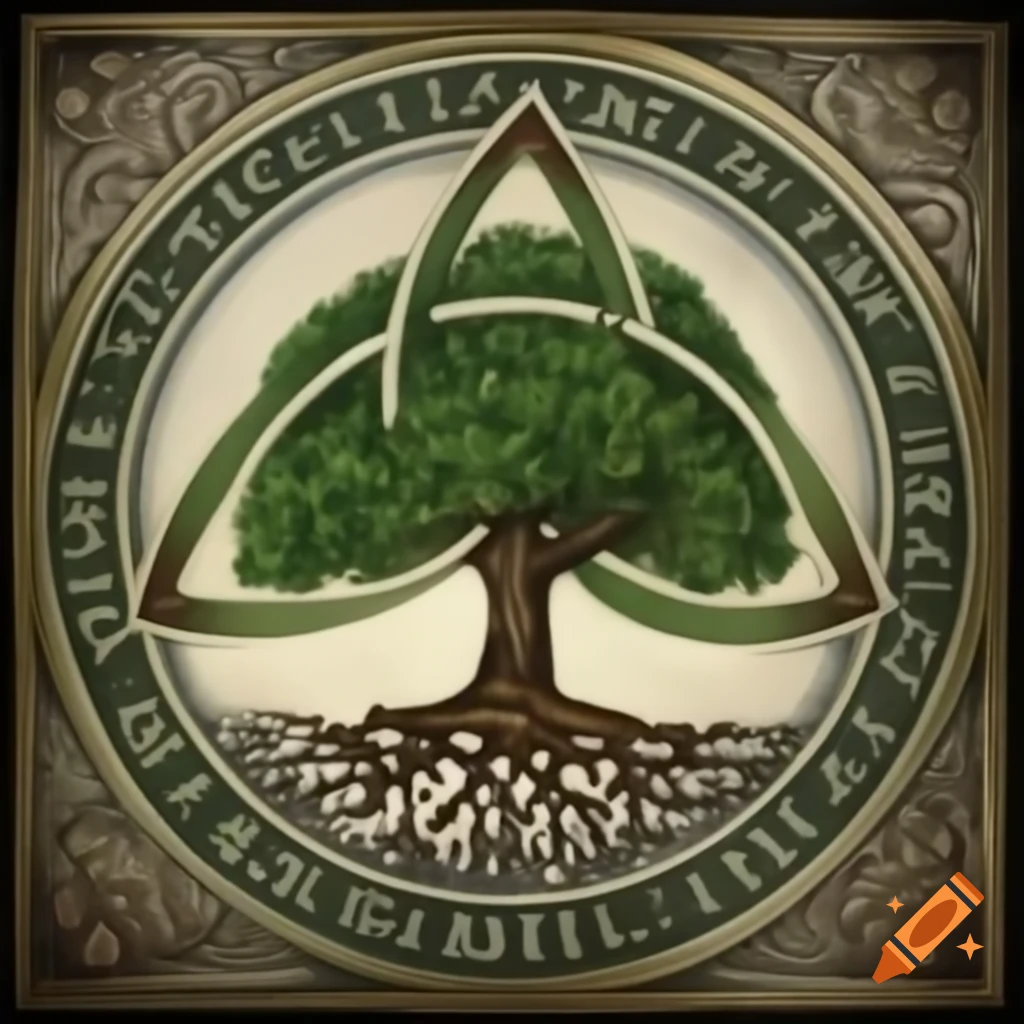 Black and white tree of life with celtic knot and cosmic elements on