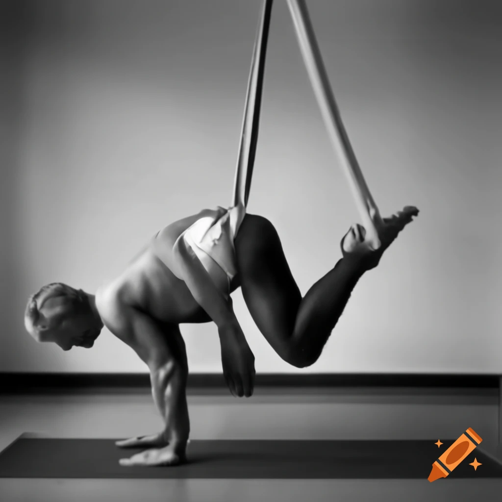 Middle aged man practicing gravity yoga while hanging from the ceiling