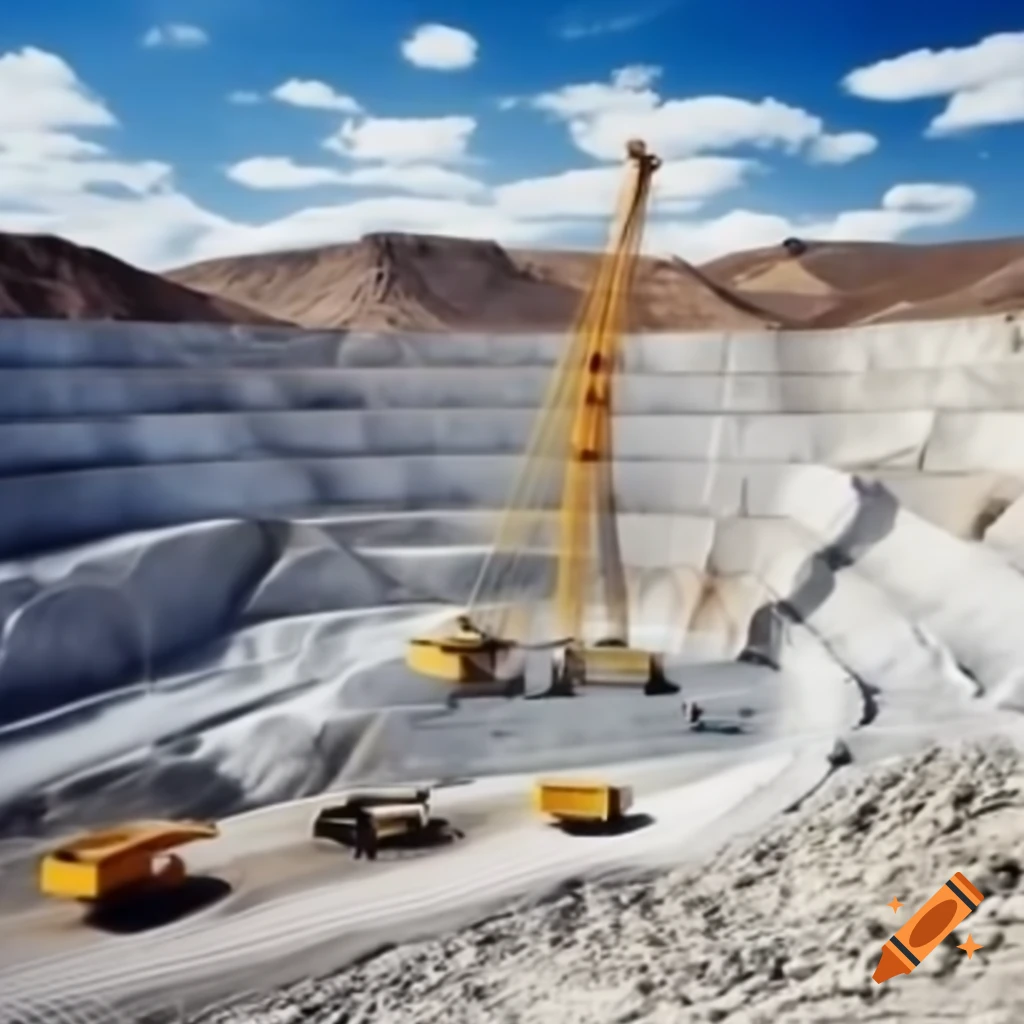 Open-pit quarry with terraced walls and towering drill crane