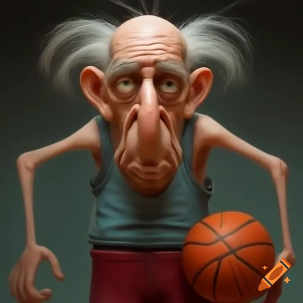 Freaky older man with long nose wearing basketball shorts
