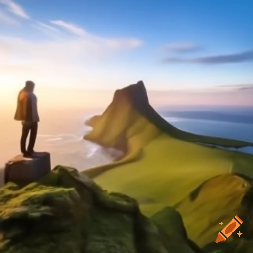 Warlock on mountain cliff overlooking ocean at sunrise with stone circle