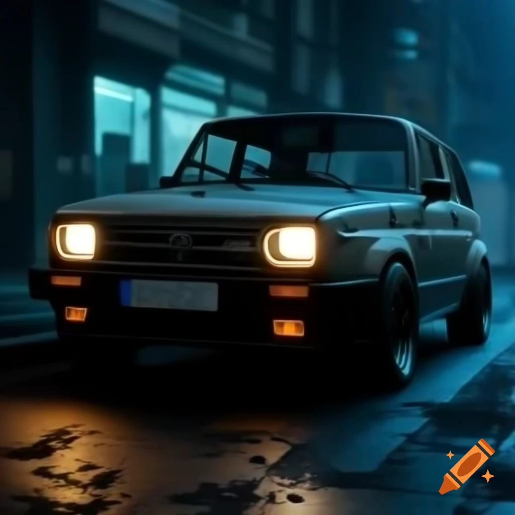 Wartburg 353 or Soviet car with square headlights in cyberpunk style
