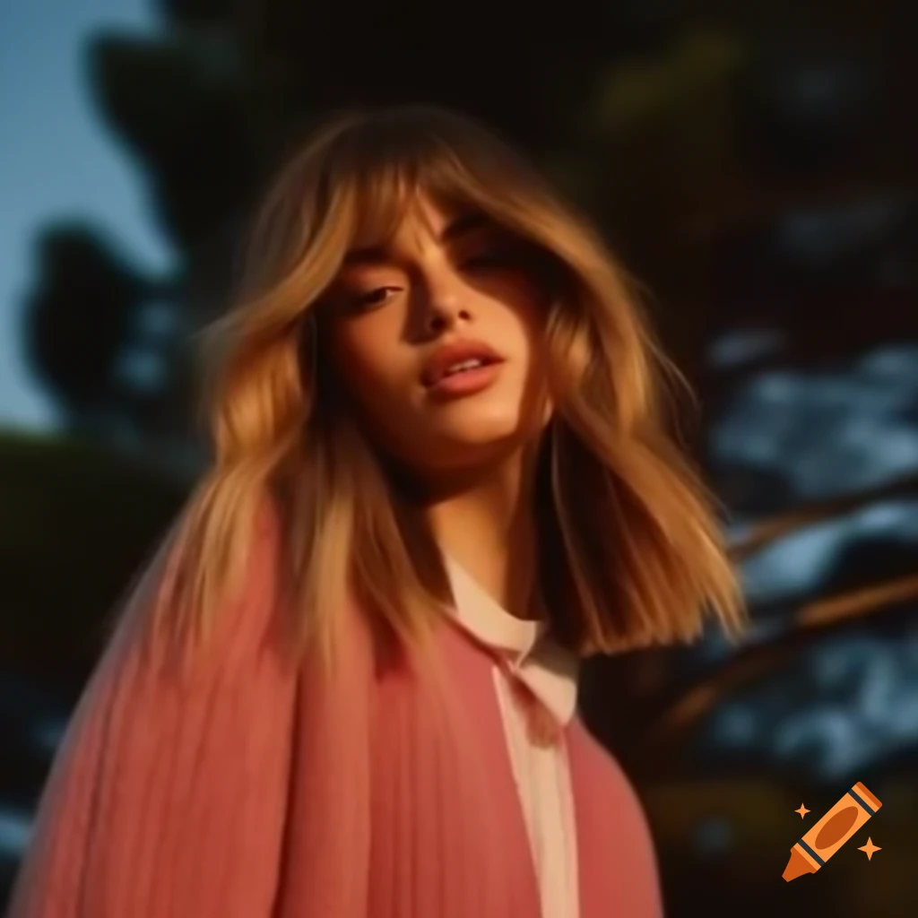 Woman with balayage hair and pink cardigan under pine tree in contrast light