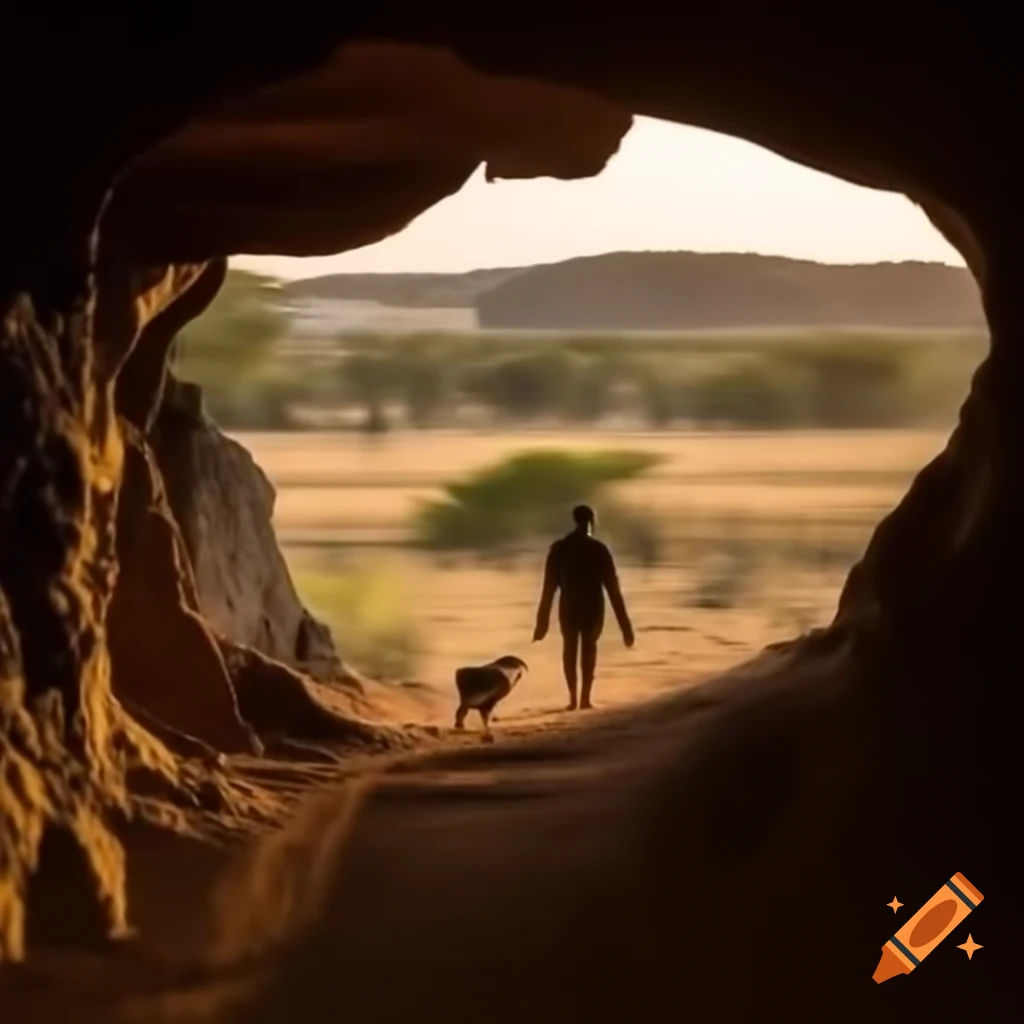 Cave man walking dog in safari setting