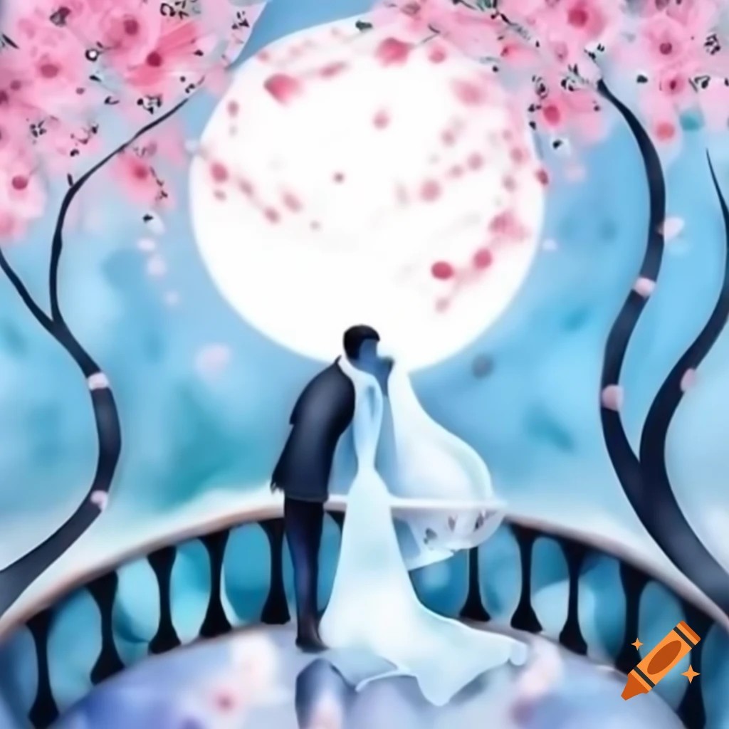 Watercolor painting of couple on bridge under cherry blossom tree with huge moon