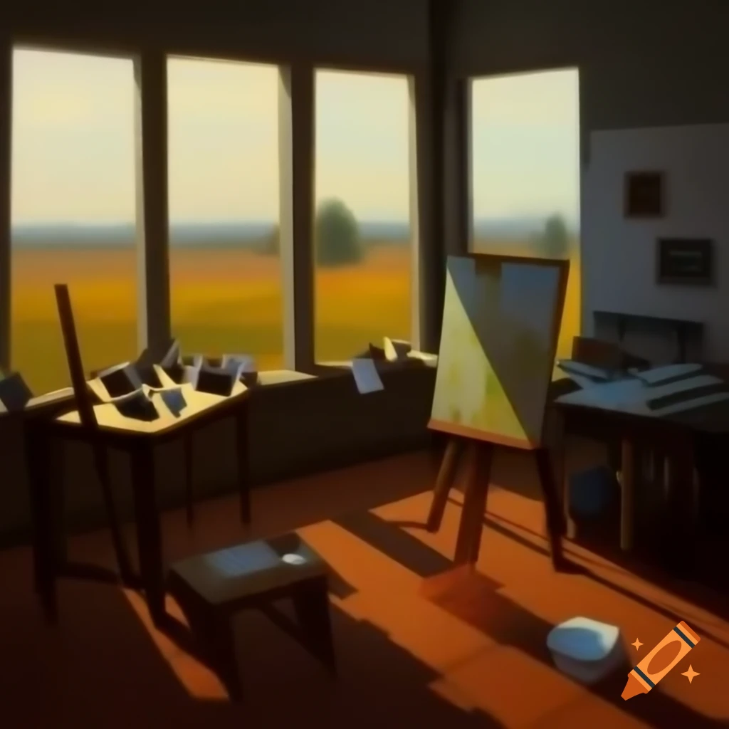 Serene landscape at dawn, sunlight illuminating room with art supplies