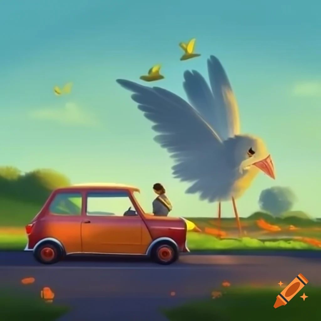 Miniature car with tiny man and birds in the sky orange color with