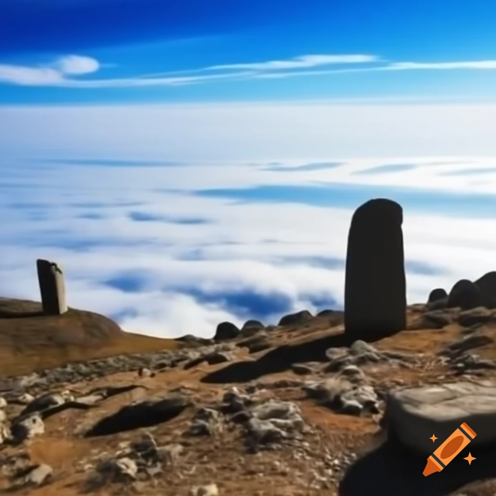 Stone monoliths at mountain cliff overlooking sky and clouds