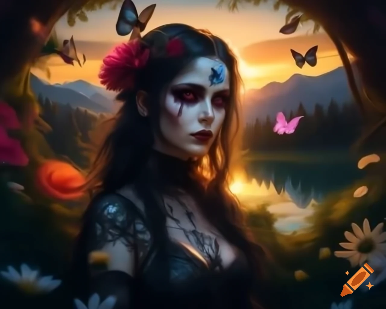 Hyperrealistic Gothic woman with flowers and butterflies in her hair, detailed facial features