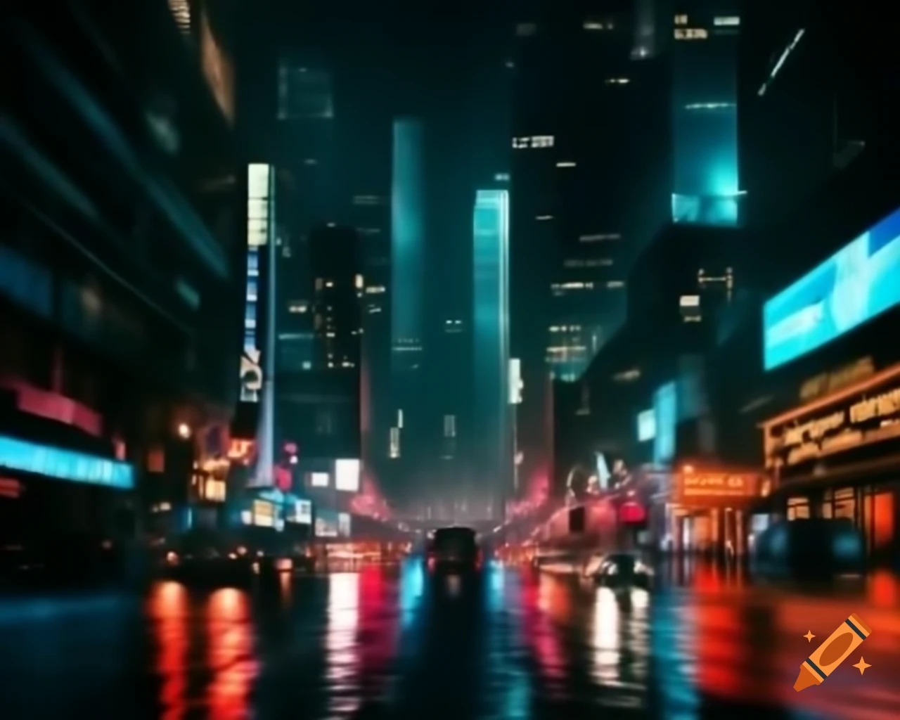 Cinematic night cityscape with neon lights and towering skyscrapers