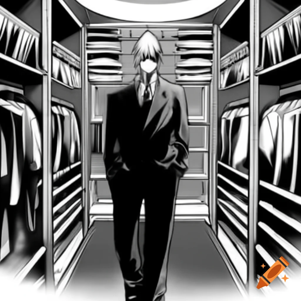 Middle-aged man in organized closet, inspired by Hans Baldung Grien