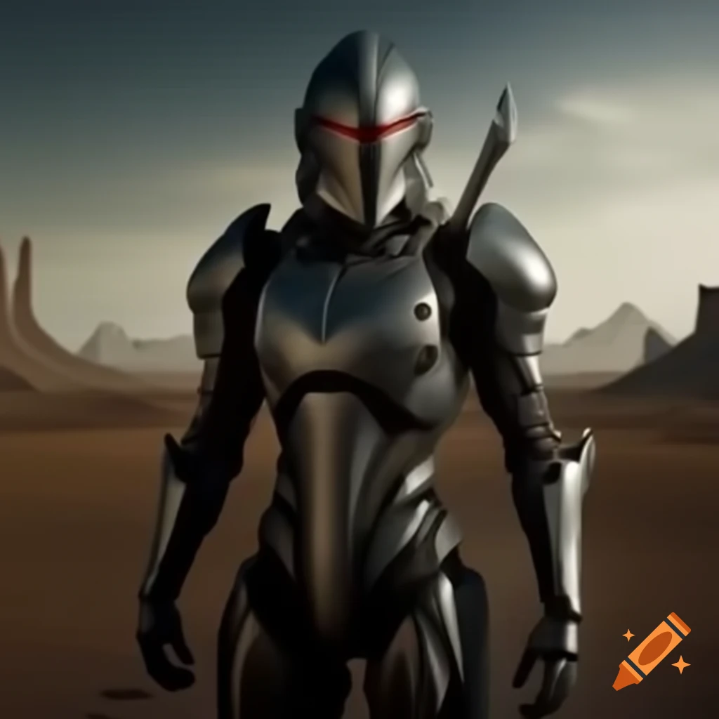 Futuristic knight standing in a desolate wasteland
