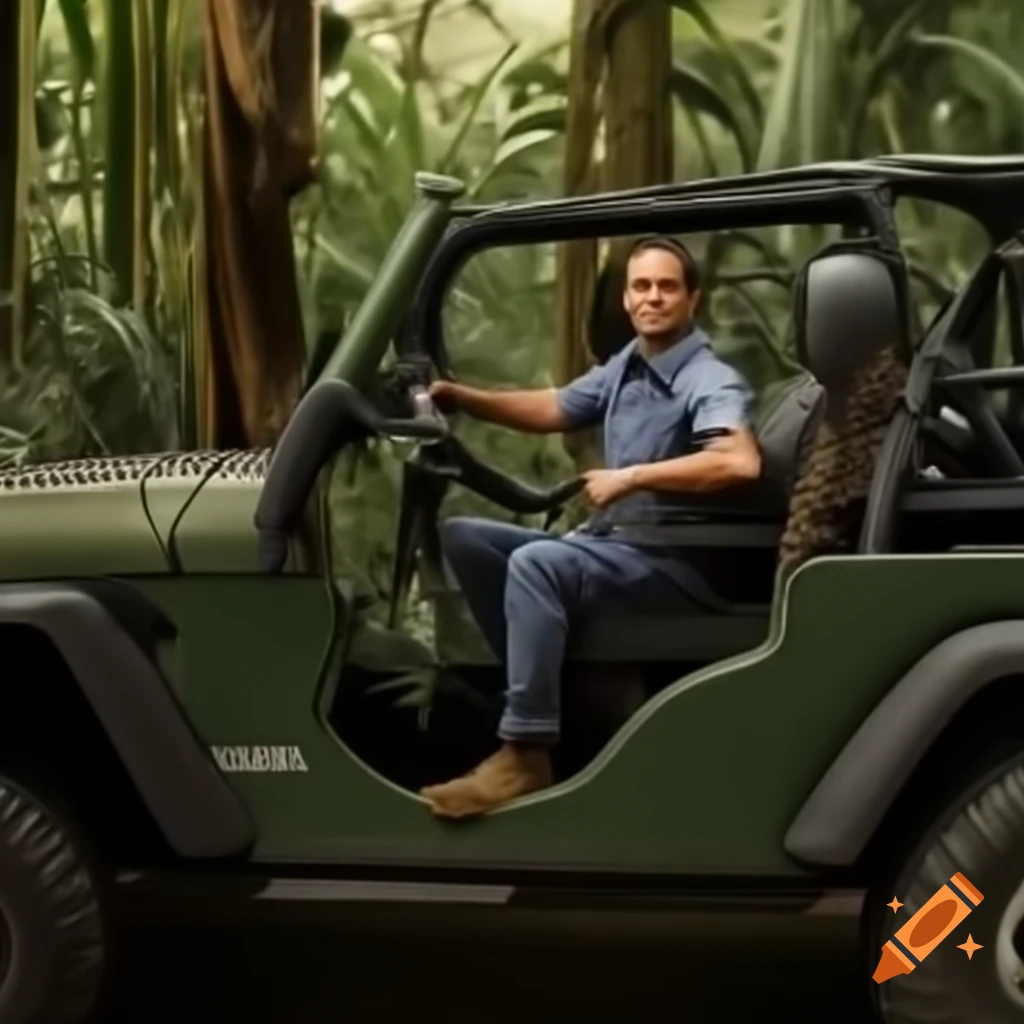 Professional outdoor enthusiast driving jeep through jungle
