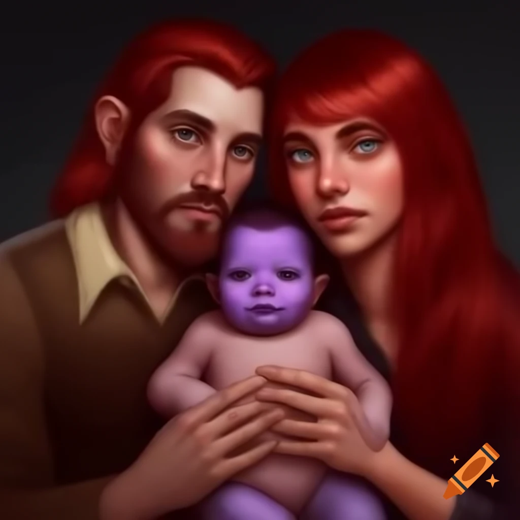 Family portrait featuring red-haired parents and a baby with purple skin