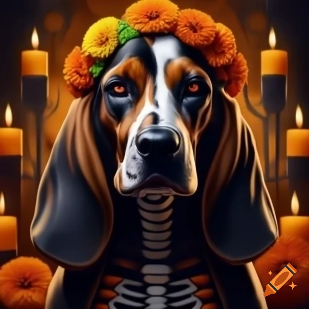 Basset Hound dog in skeleton costume for Halloween