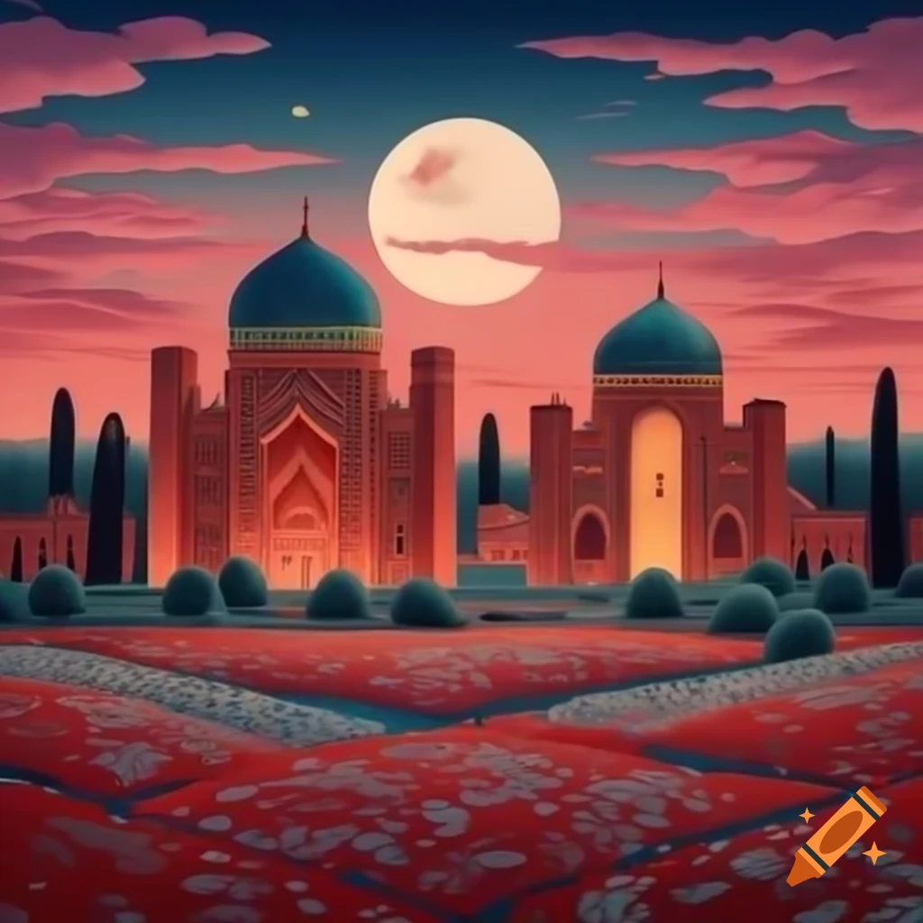 Persian domes and arches in flower garden with cypress trees and detailed moon, ukiyo-e style