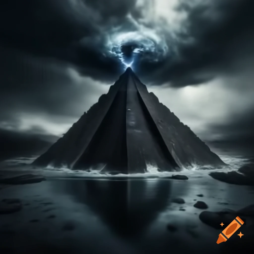 Swirling vortex over calm waters with spectral obsidian pyramid