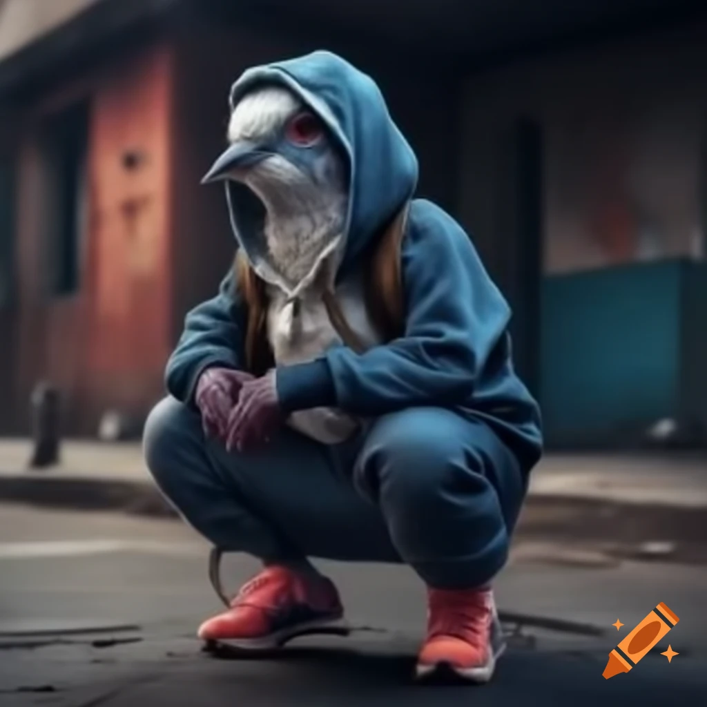Pigeon in tracksuit and hoodie performing slav squat in urban environment