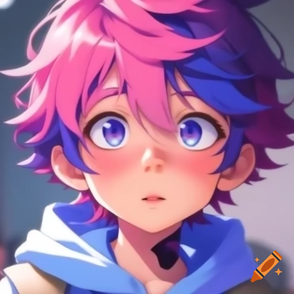 Anime boy with vibrant pink and blue hair