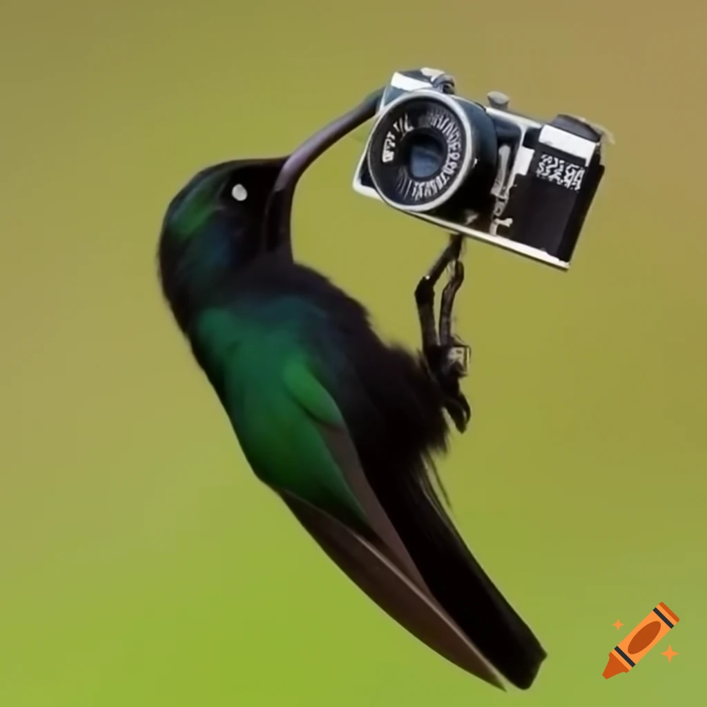 Small black bird resembling colibri with a camera for a head