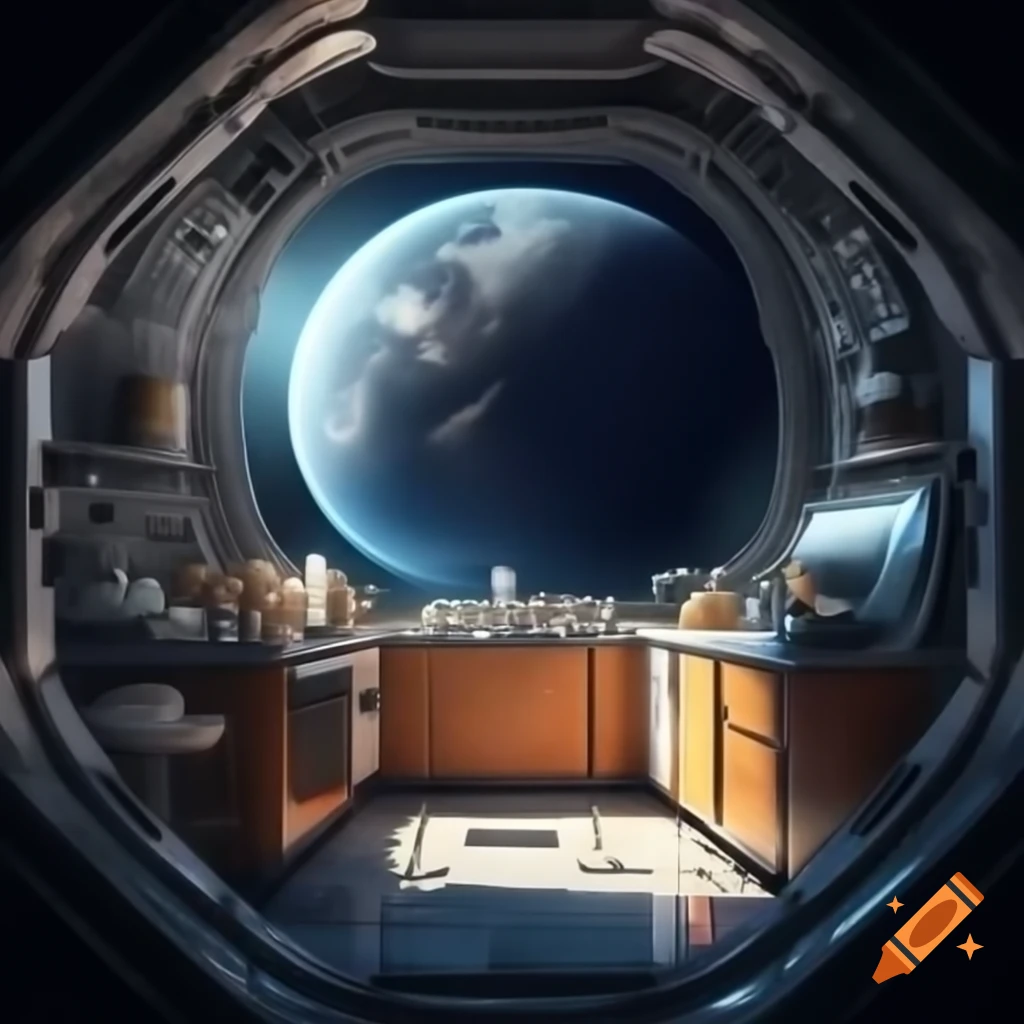 Compact kitchen in spacecraft with planet view in orbit