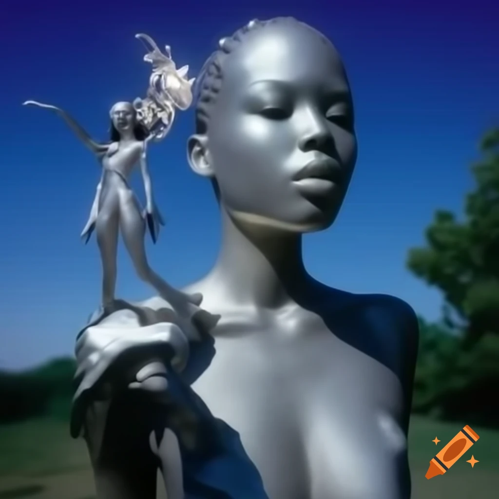 Pop surreal photography featuring anime-inspired silver statue from the 2000s