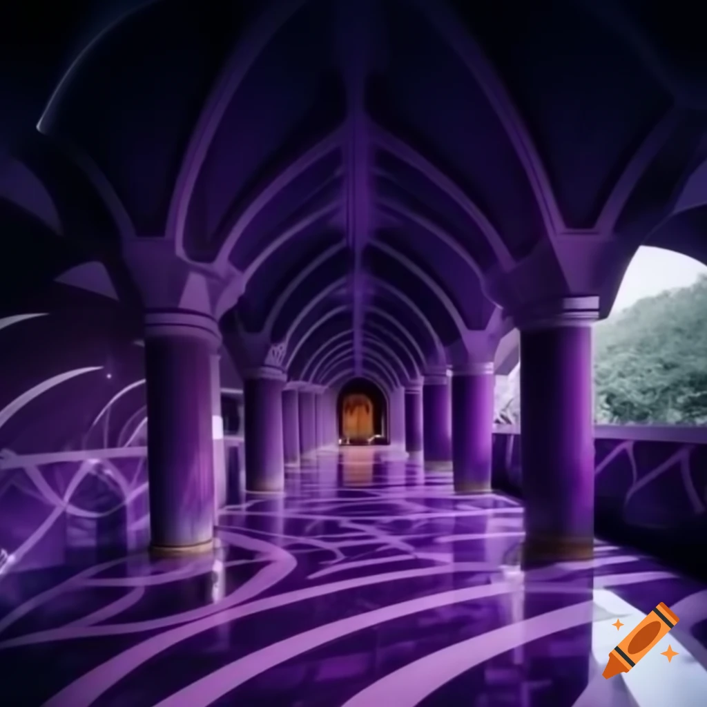 Violet hallways with sloped ceilings in a liminal space dark