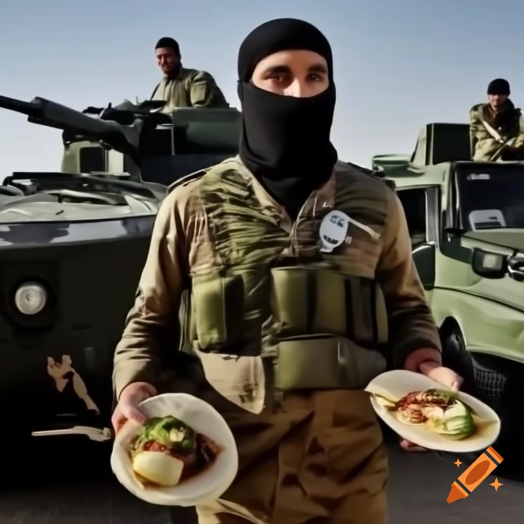 Man in military clothing throwing tacos and burritos at armored vehicles