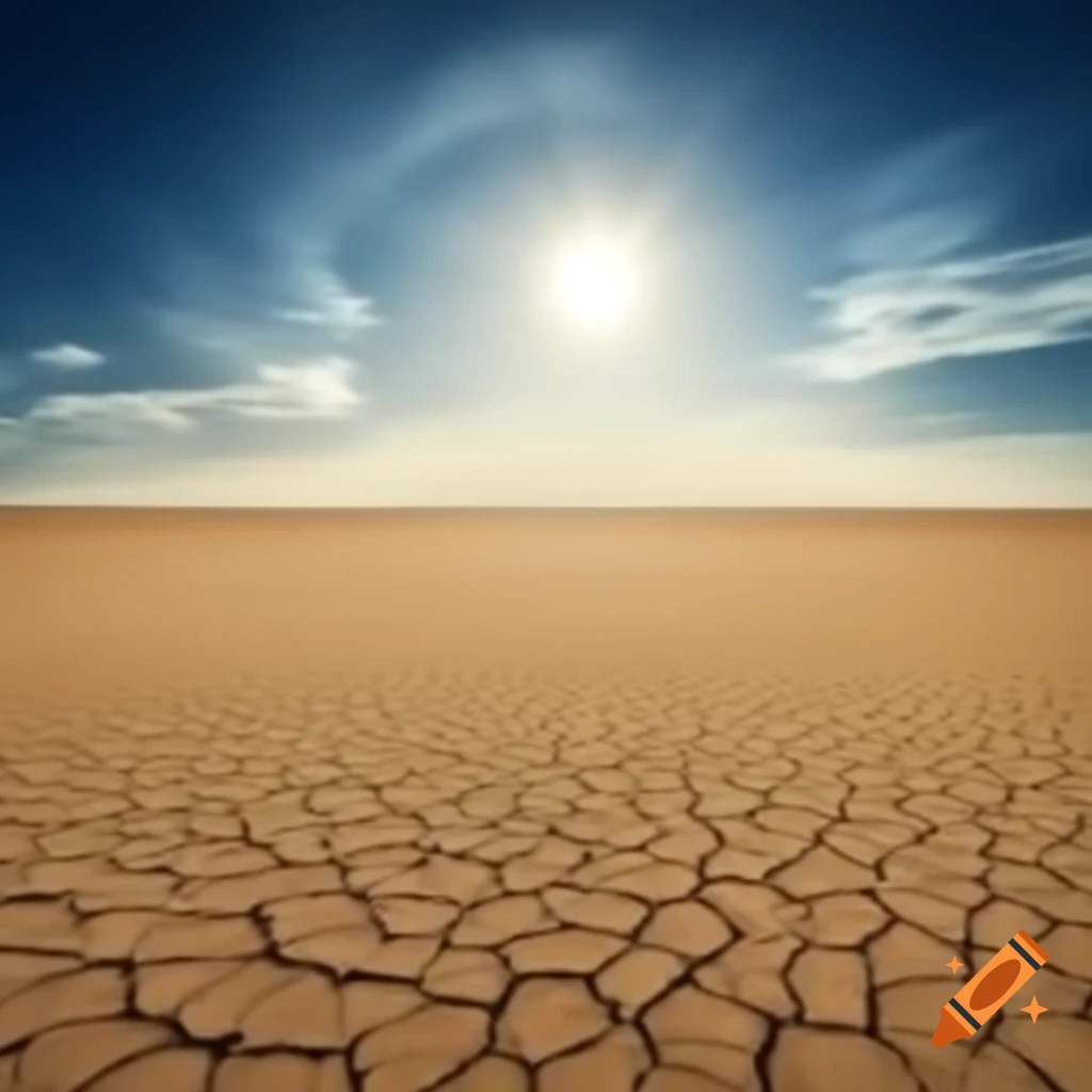 Vast cracked desert with sun rising over the horizon