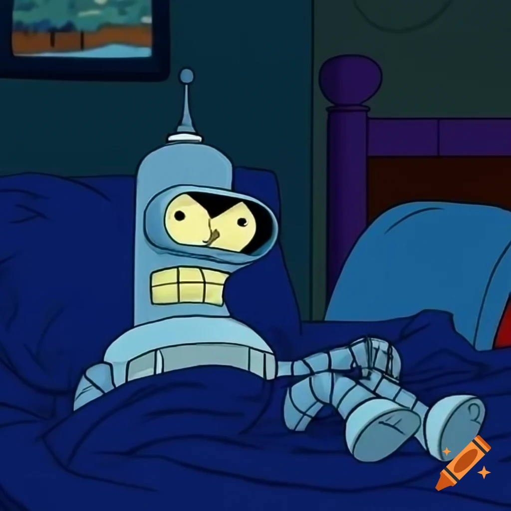 Futurama character Bender in pajamas looking sleepy in bed at night