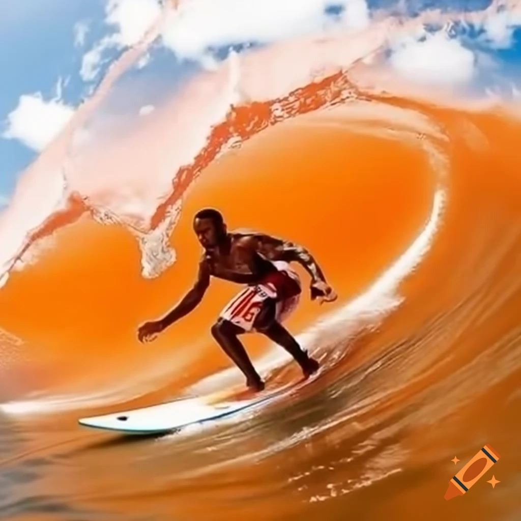 NFL player surfing on orange sea