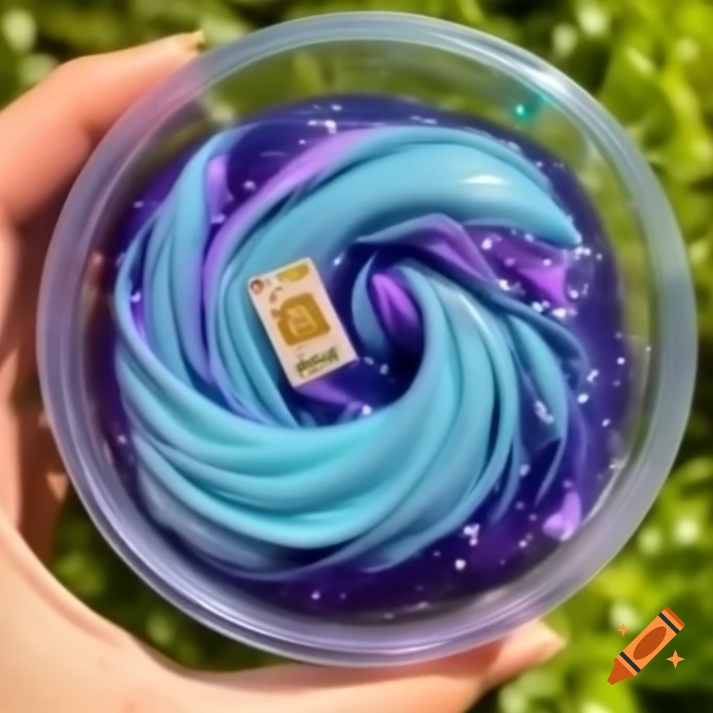 Stellar Stardust slime in transparent container on sunny garden day