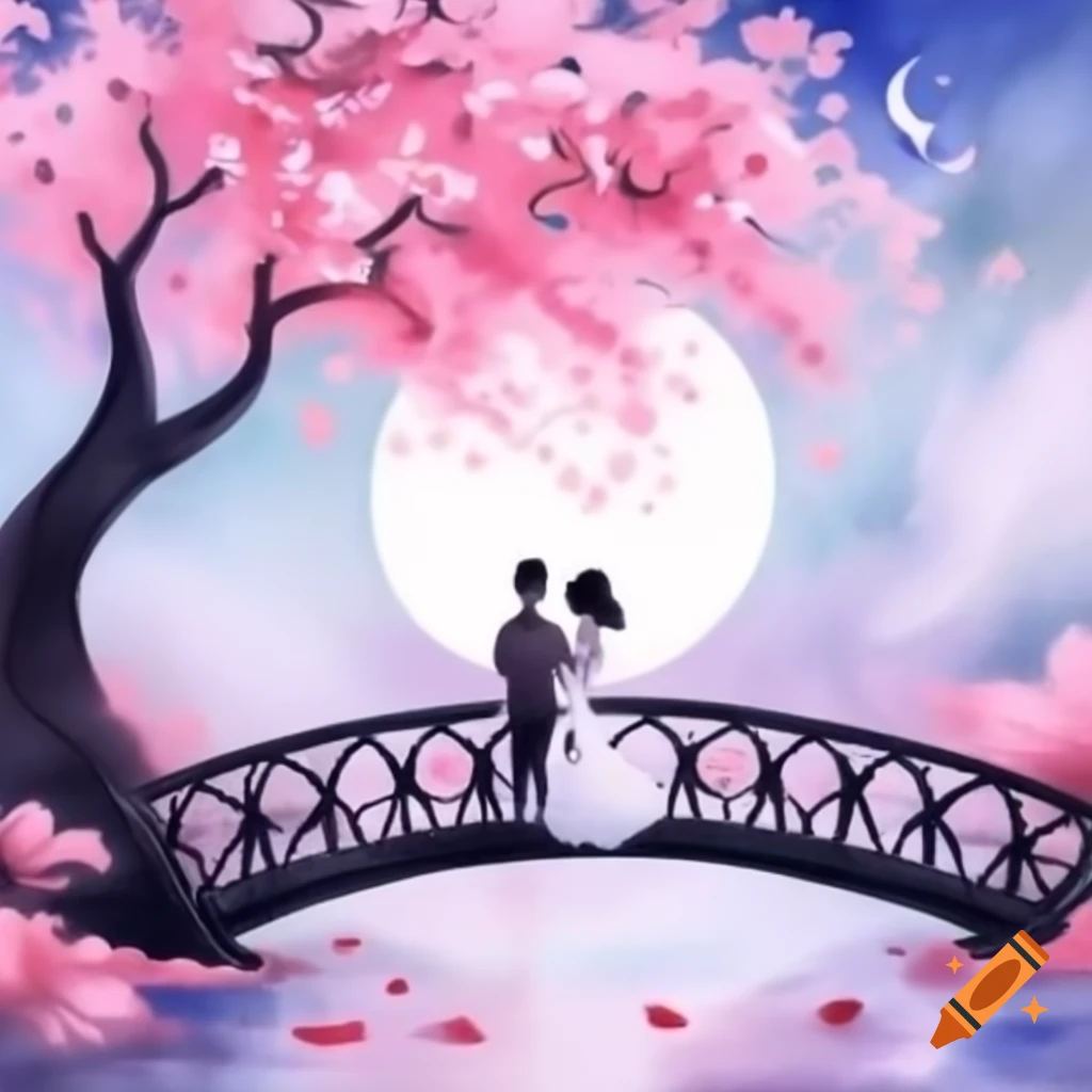 Couple silhouetted on arched bridge under cherry blossom tree with huge moon in watercolor