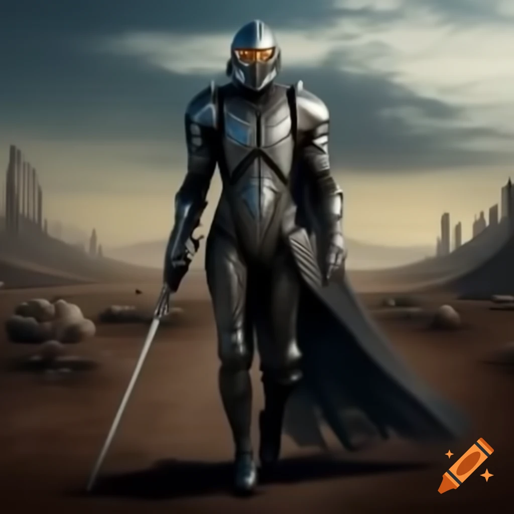 Futuristic knight standing in a wasteland