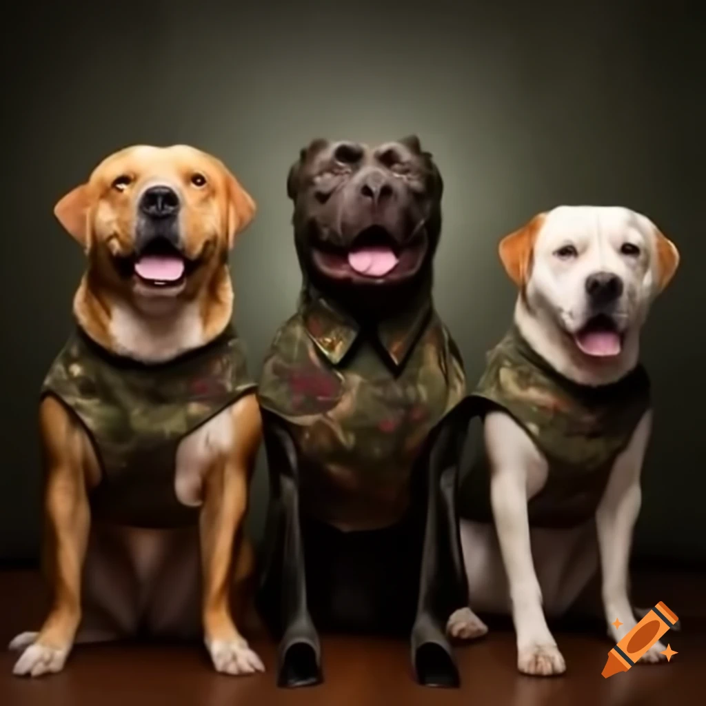 Cartoonish scene of k9 handlers in camouflage holding dog food
