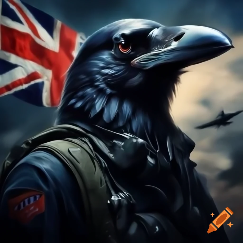 Raven as British WWII pilot with Union Jack backdrop in Banksy style