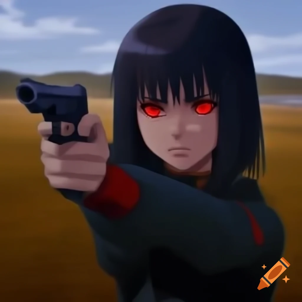 80s anime scene featuring red-eyed girl pointing gun with shallow depth of field