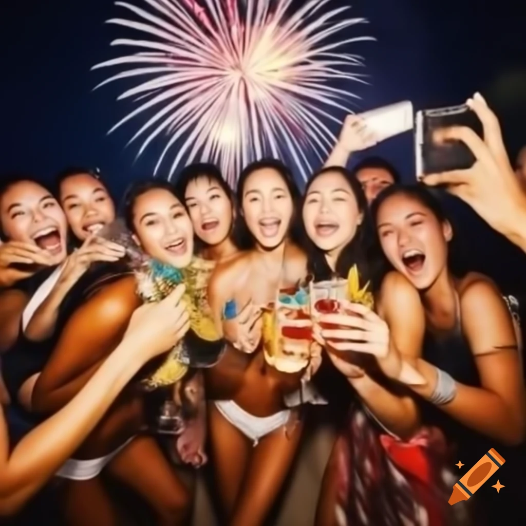 Crowd celebrating New Year's Eve on Thailand beach with cocktails and fireworks