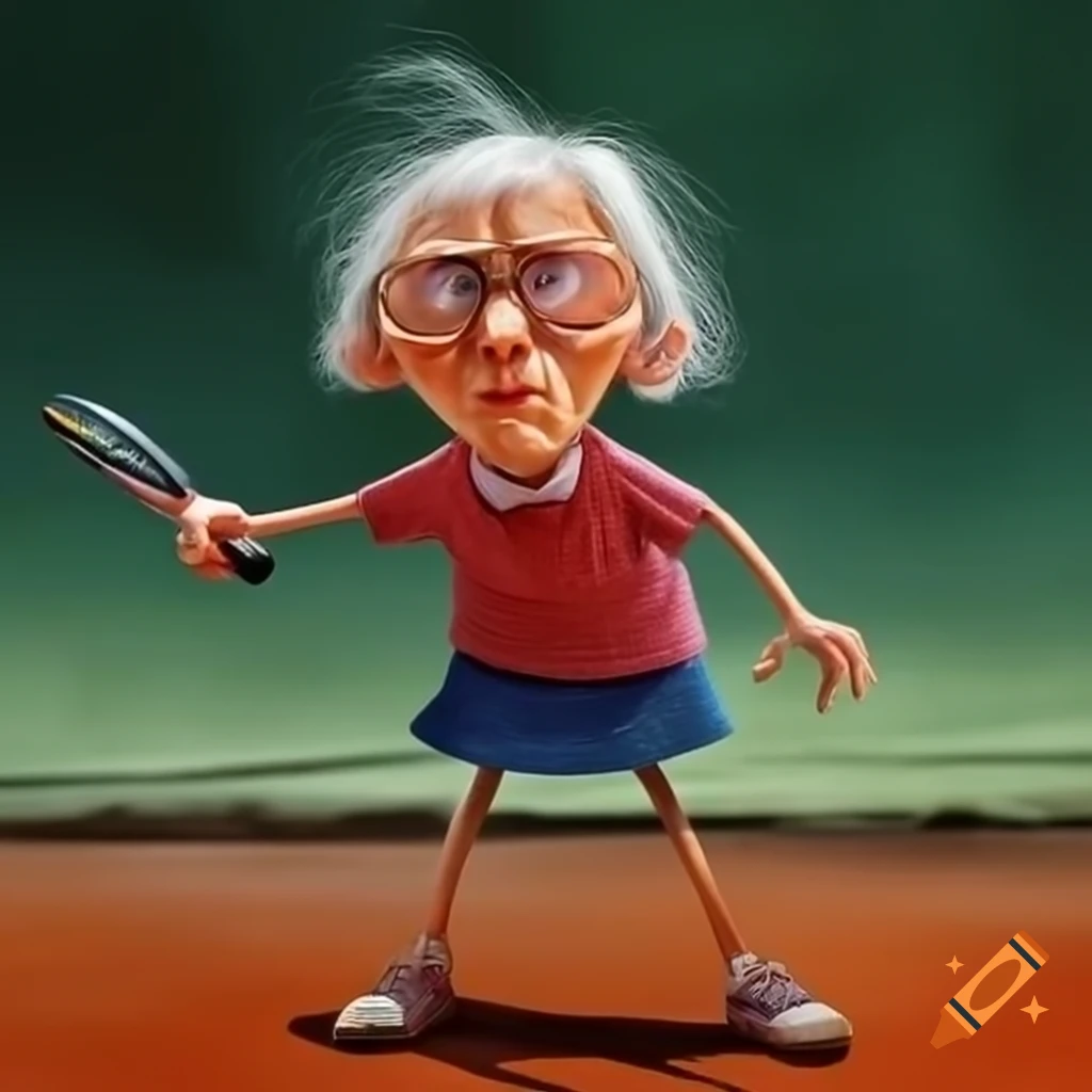 Angry elderly tennis player with short hair in dress and running shoes