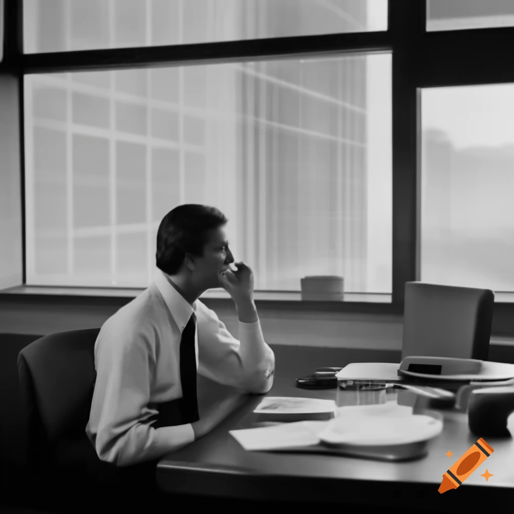 Office desk with person looking outside while working