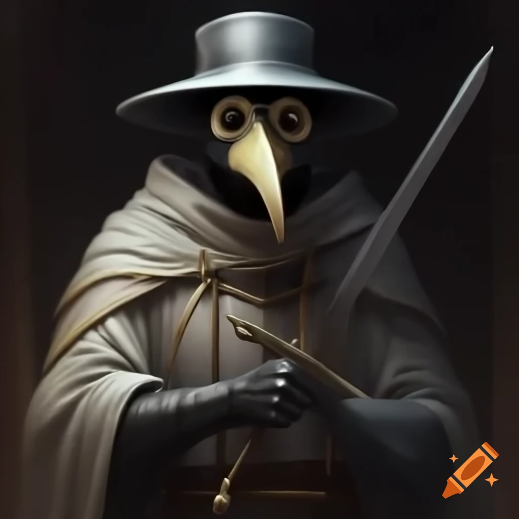Plague doctor knight in white robes wielding longsword