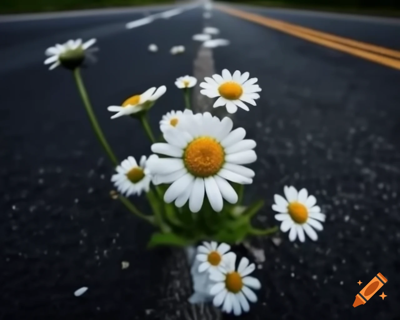 Daisies growing from cracked asphalt on abandoned city street, high detailed close-up painting