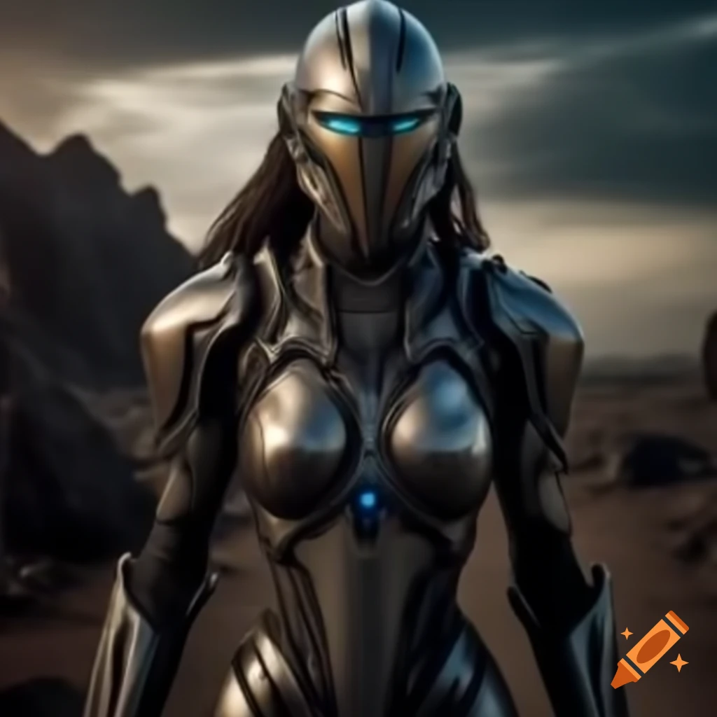 Slender futuristic knight standing in a wasteland setting