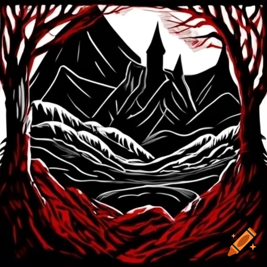 Dystopian gothic landscape in pen and ink with hints of red