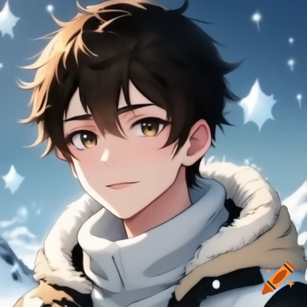 Anime character, young man in winter jacket with icy expression