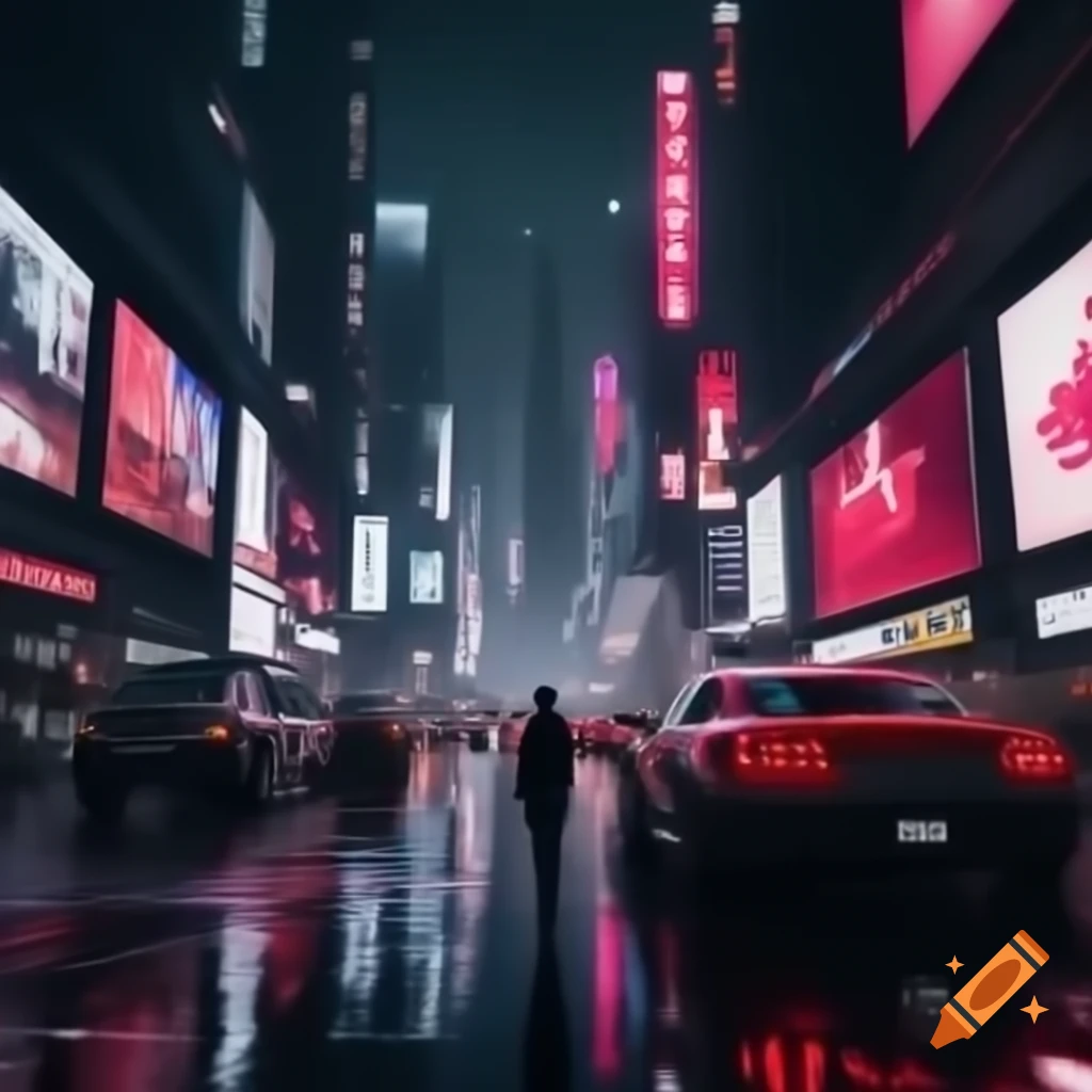 Cyberpunk dystopian metropolis in red and black with skyscrapers and ads