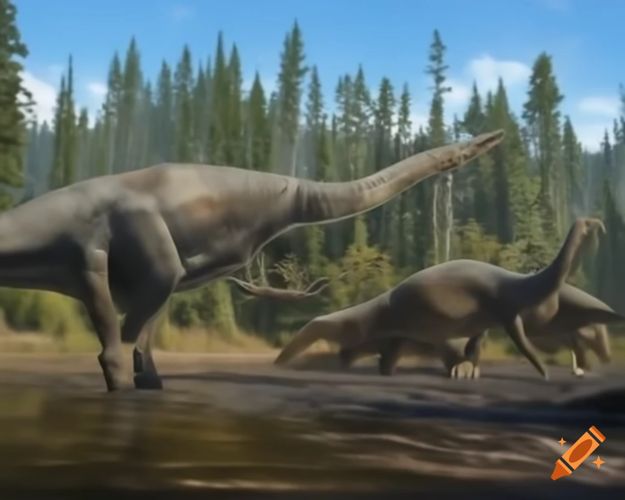 Herd of Hadrosaurus crossing sunny river with fallen trees in British Columbia