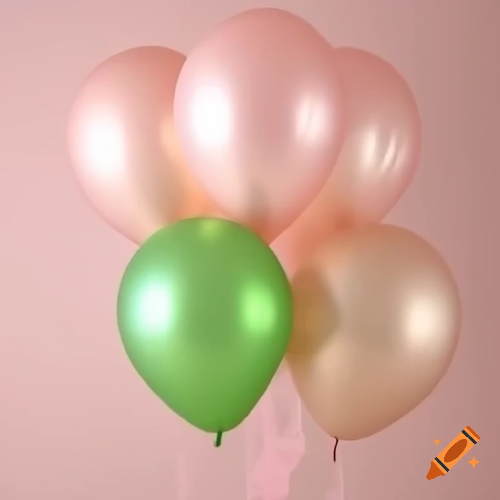 Ramillete de globos en colores palo de rosa, beige y verde vintage elevándose