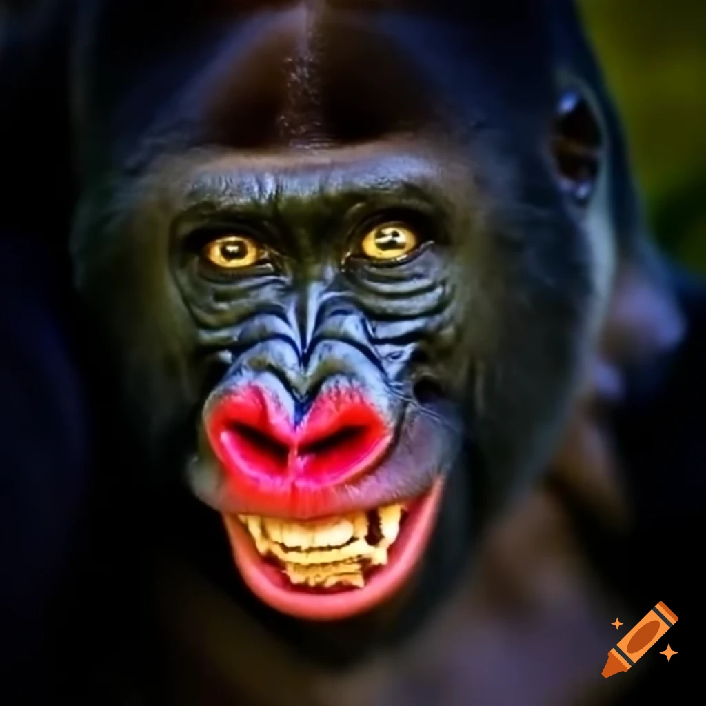 Playful gorilla with clown nose and mischievous grin