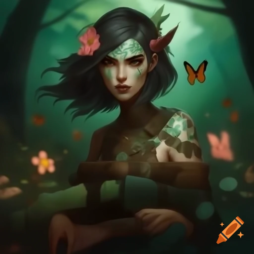 Hyperrealistic render of mystical Norse Celtic woman with flowers and butterflies in hair